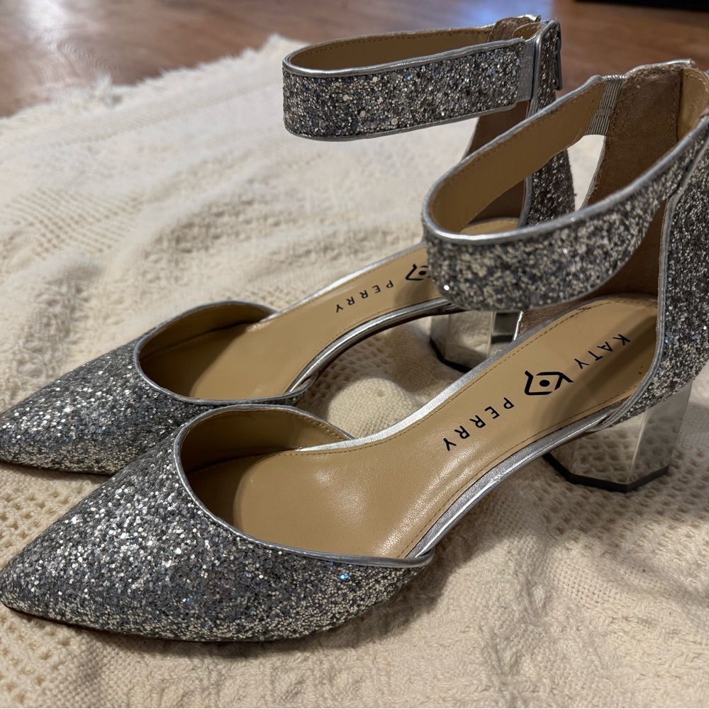 Katy Perry The Jo Silver Glitter Heels Ankle Strap Block Heel Pump Woman’s 10